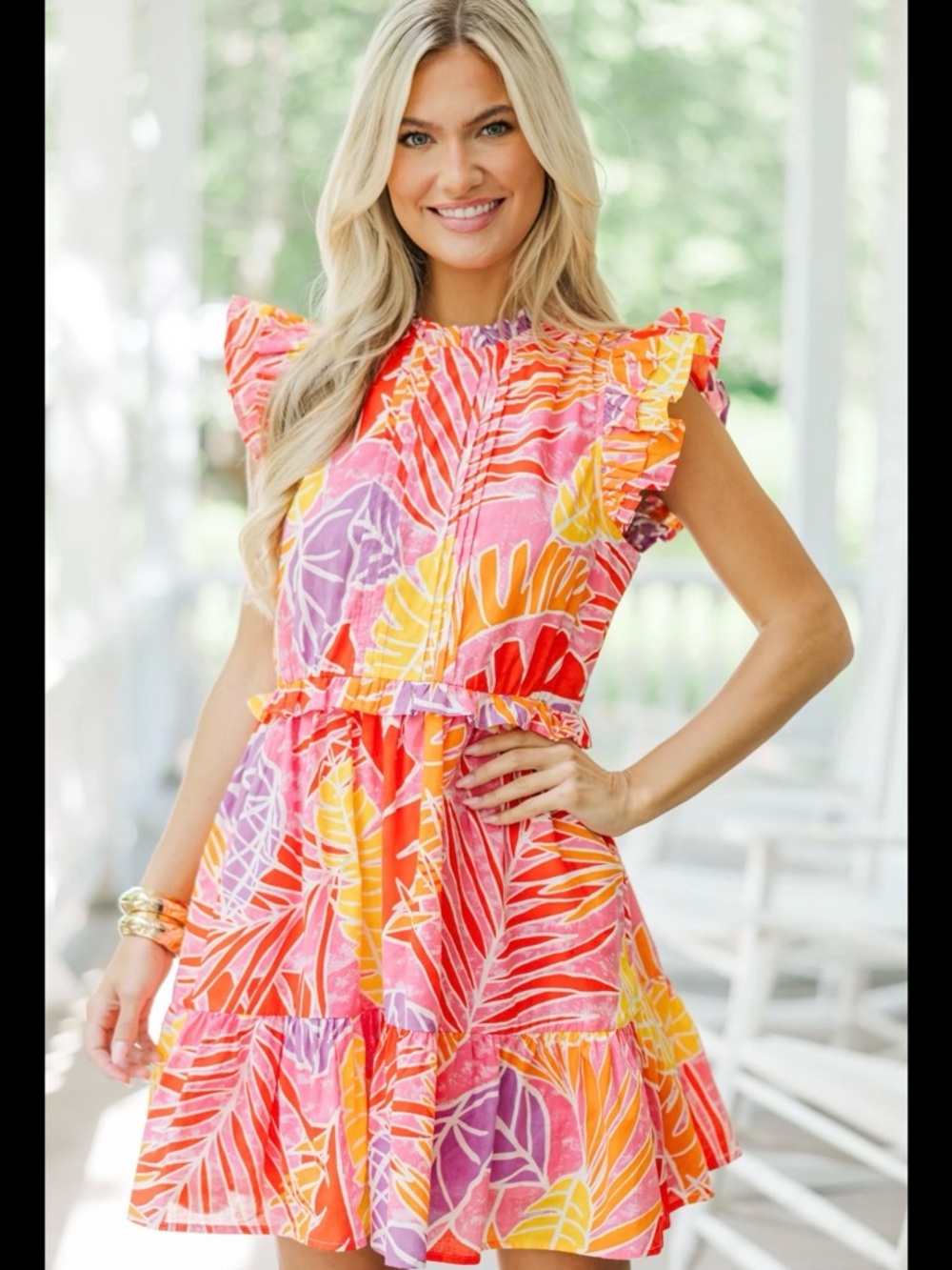 FATE Vibrant Tropical Ruffle Mini Dress - Pink, Orange, Yellow, Purple